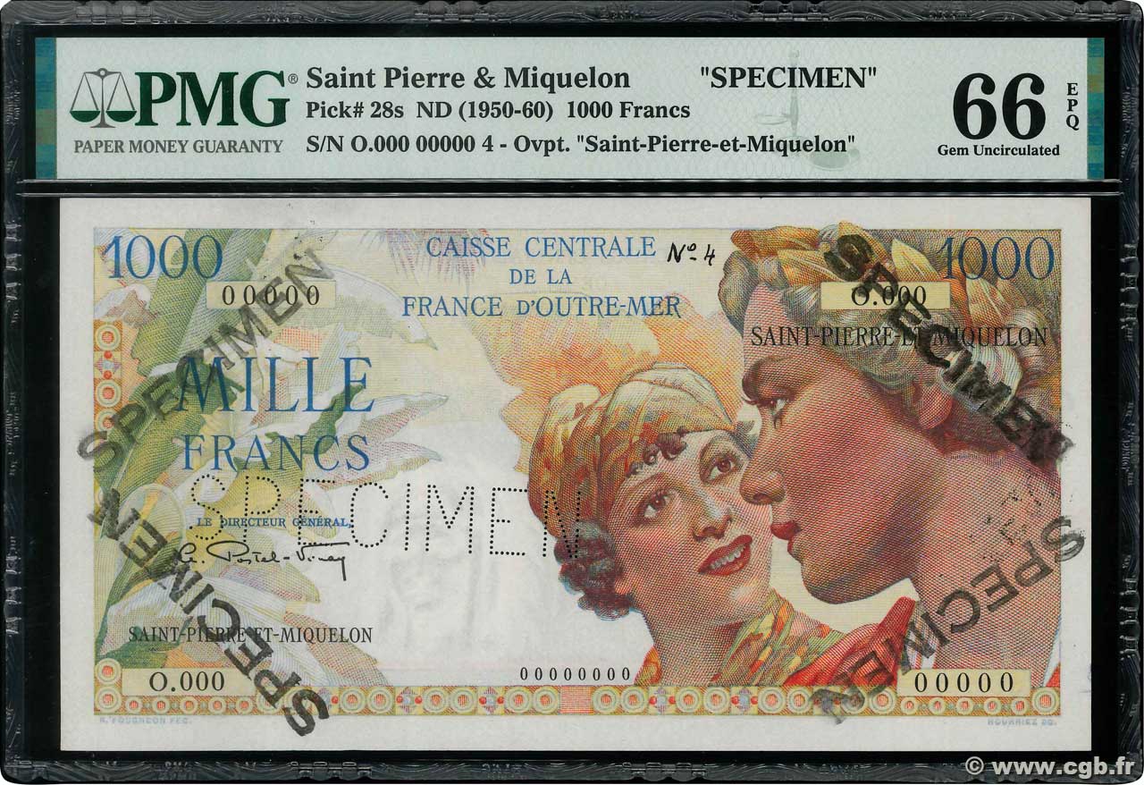 1000 Francs Union Française Spécimen SAINT PIERRE AND MIQUELON  1946 P.28s UNC