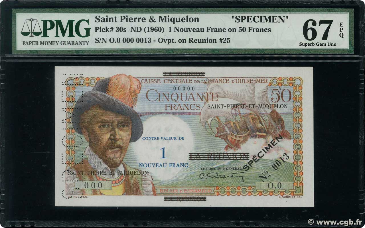 1 NF sur 50 Francs Belain d Esnambuc Spécimen SAINT-PIERRE UND MIQUELON  1946 P.30s ST