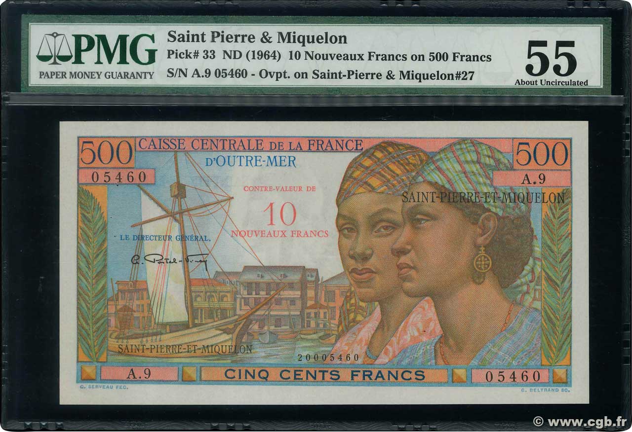 10 NF sur 500 Francs Pointe à Pitre SAN PEDRO Y MIGUELóN  1964 P.33a SC