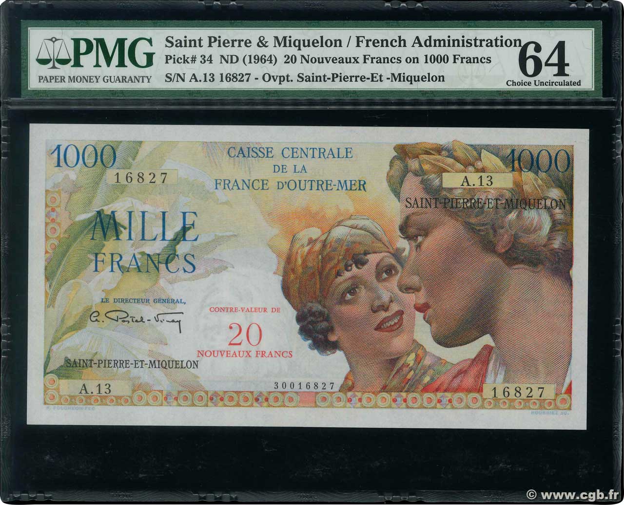 20 NF sur 1000 Francs Union Française SAINT PIERRE E MIQUELON  1964 P.34a q.FDC