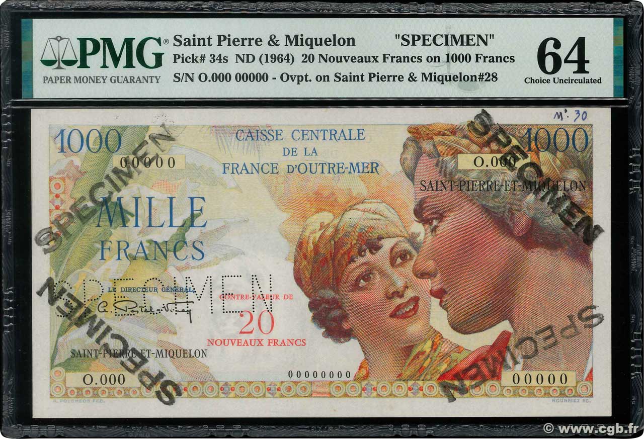 20 NF sur 1000 Francs Union Française Spécimen SAN PEDRO Y MIGUELóN  1960 P.34s SC+