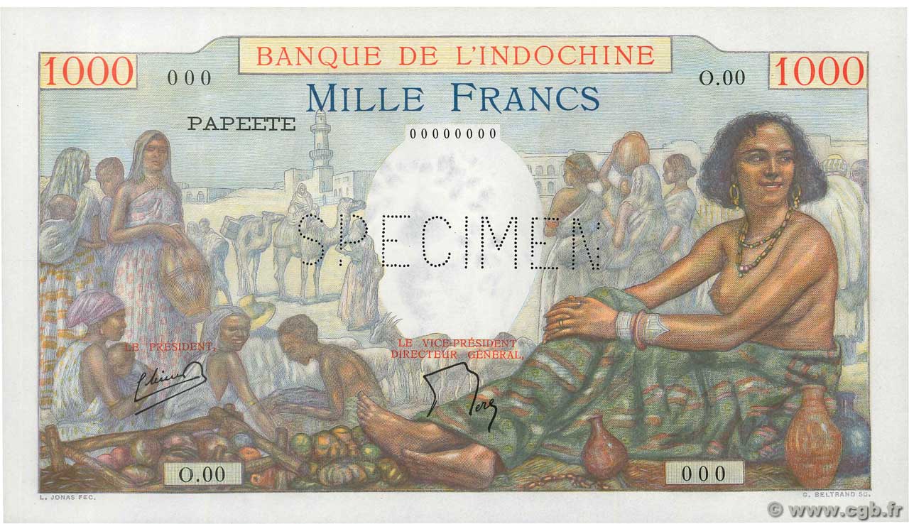 1000 Francs Spécimen TAHITI  1957 P.15bs UNC-