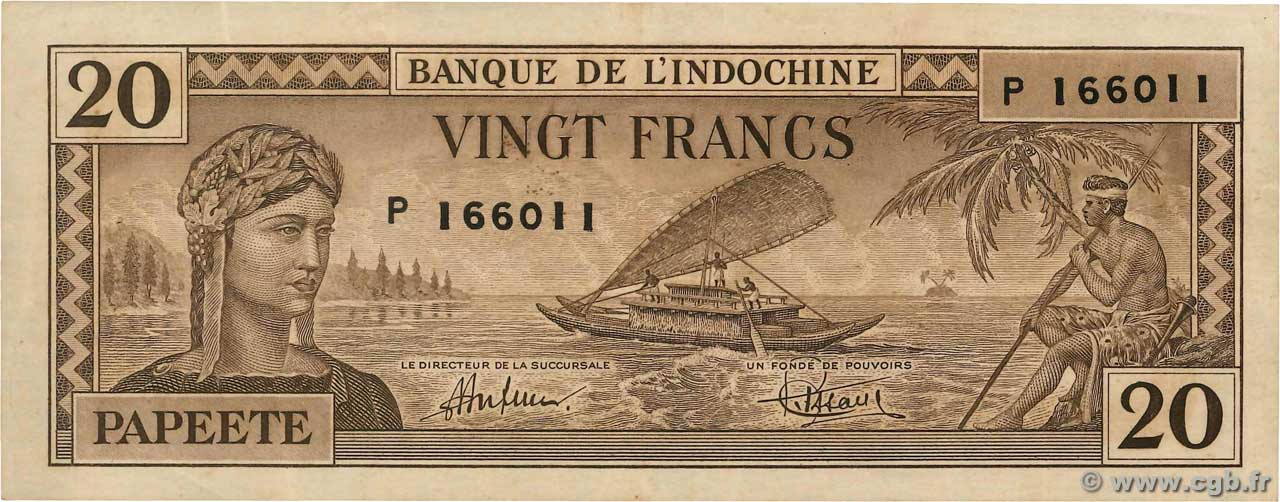 20 Francs TAHITI  1944 P.20a fVZ