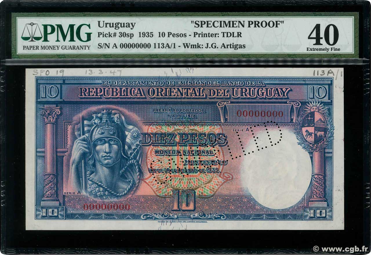 10 Pesos Annulé URUGUAY  1935 P.030sp MBC+