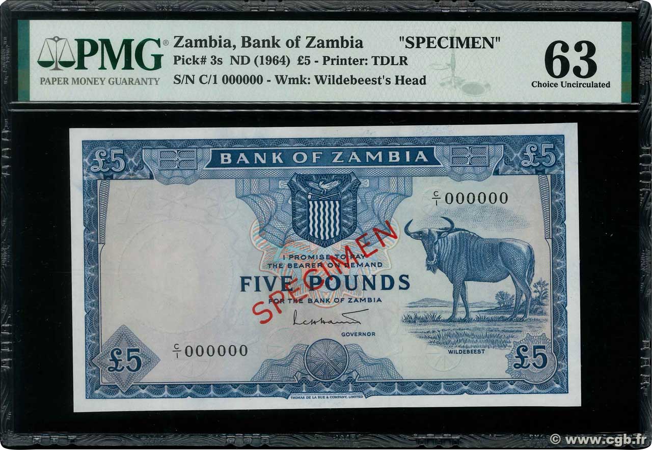 5 Pounds Spécimen ZAMBIA  1964 P.03s q.FDC
