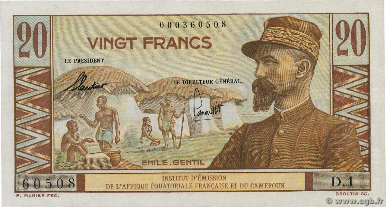 20 Francs Émile Gentil FRENCH EQUATORIAL AFRICA  1957 P.30 UNC-