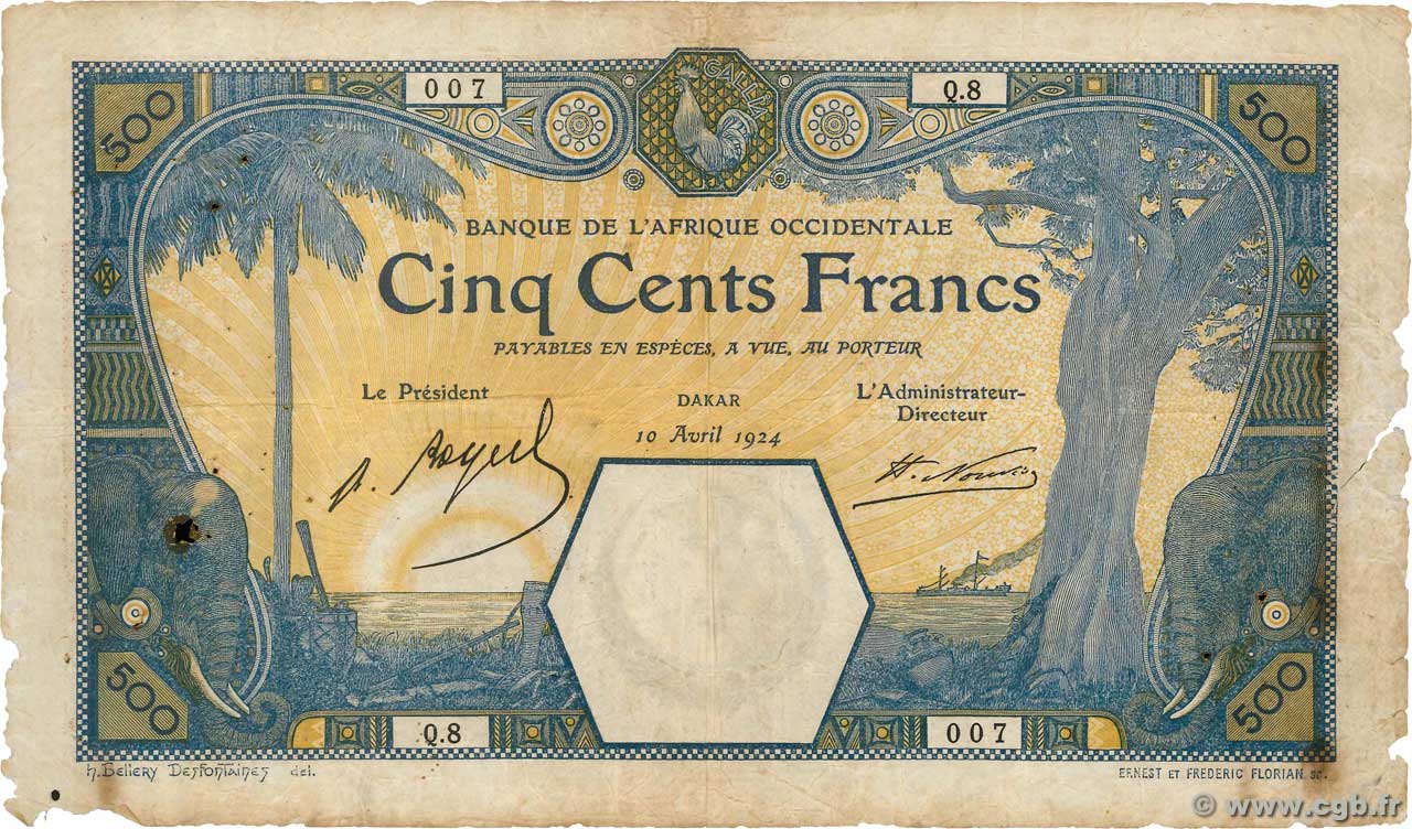 500 Francs DAKAR FRENCH WEST AFRICA Dakar 1924 P.13Bc MC