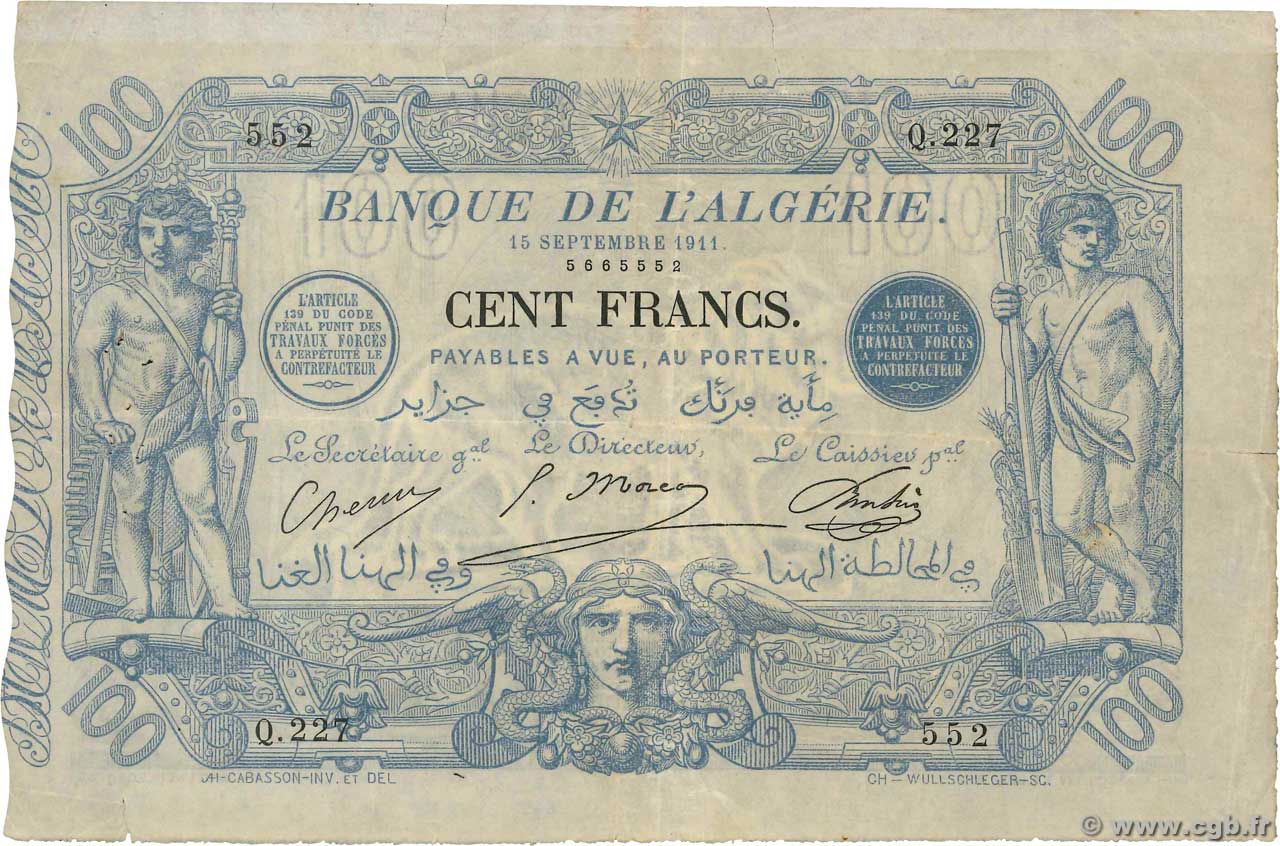 100 Francs ALGERIA  1911 P.074 F+