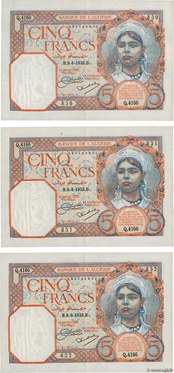 5 Francs Consécutifs ARGELIA  1933 P.077a EBC+