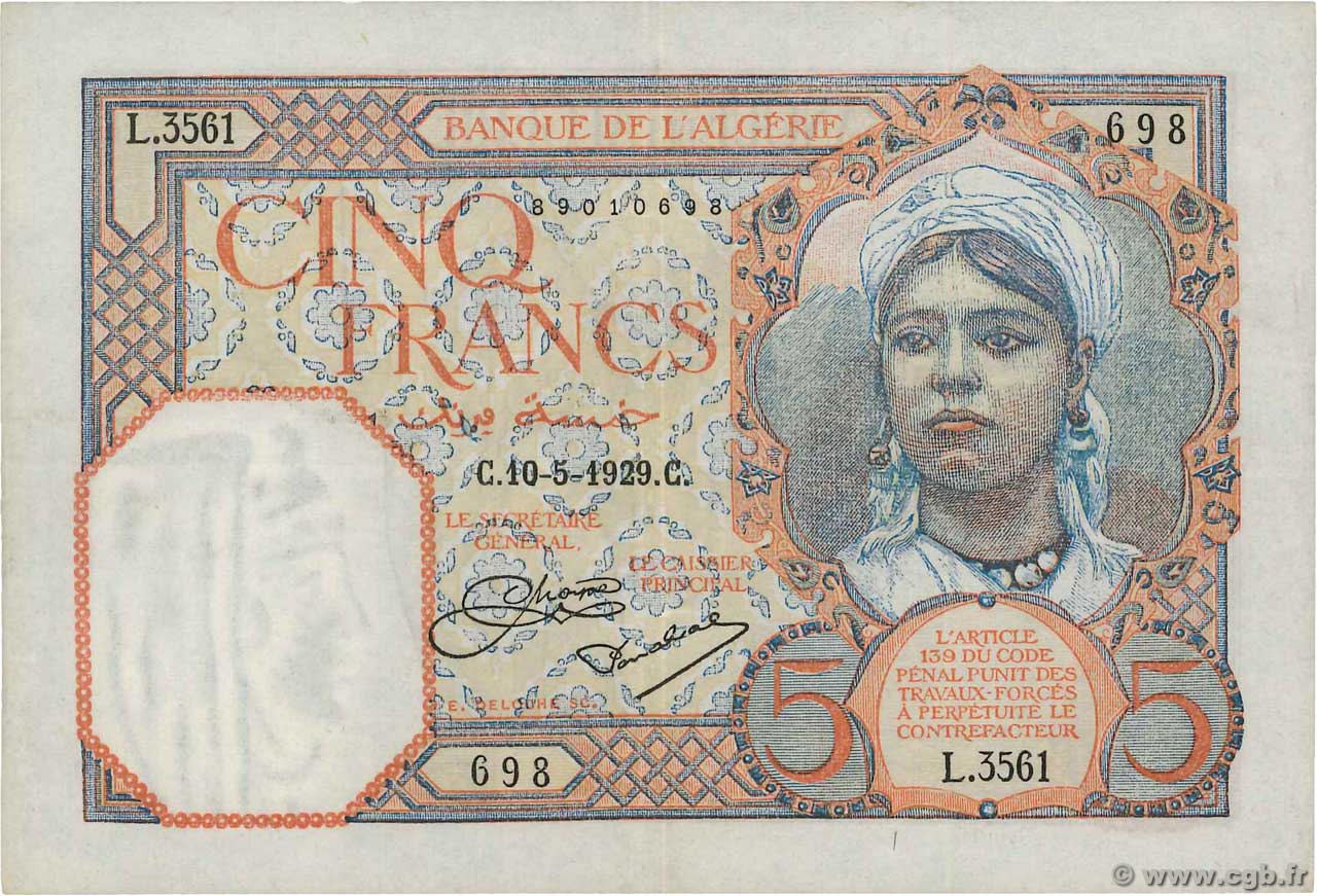 5 Francs ALGERIEN  1929 P.077a fVZ
