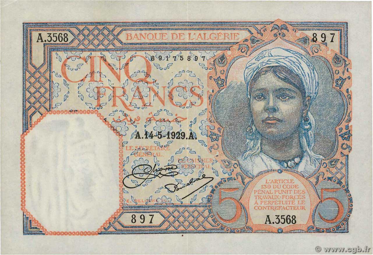 5 Francs ALGÉRIE  1929 P.077a SUP+