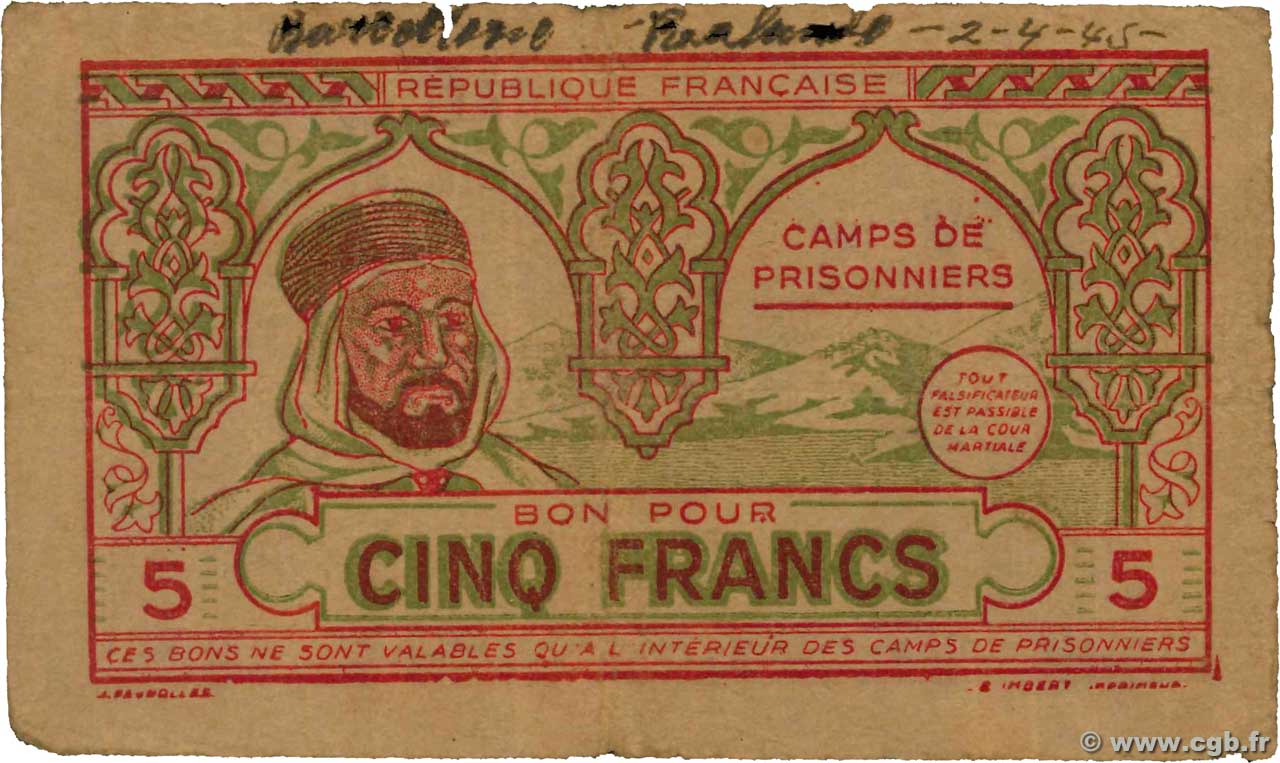 5 Francs ALGERIA  1943 K.394 B