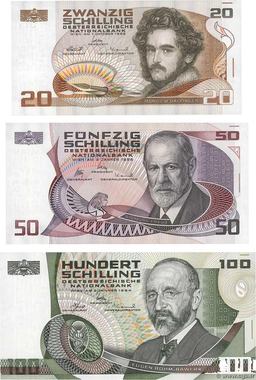 20, 50 et 100 Schilling Lot AUSTRIA  1984 P.148, P.149 et P.150 FDC