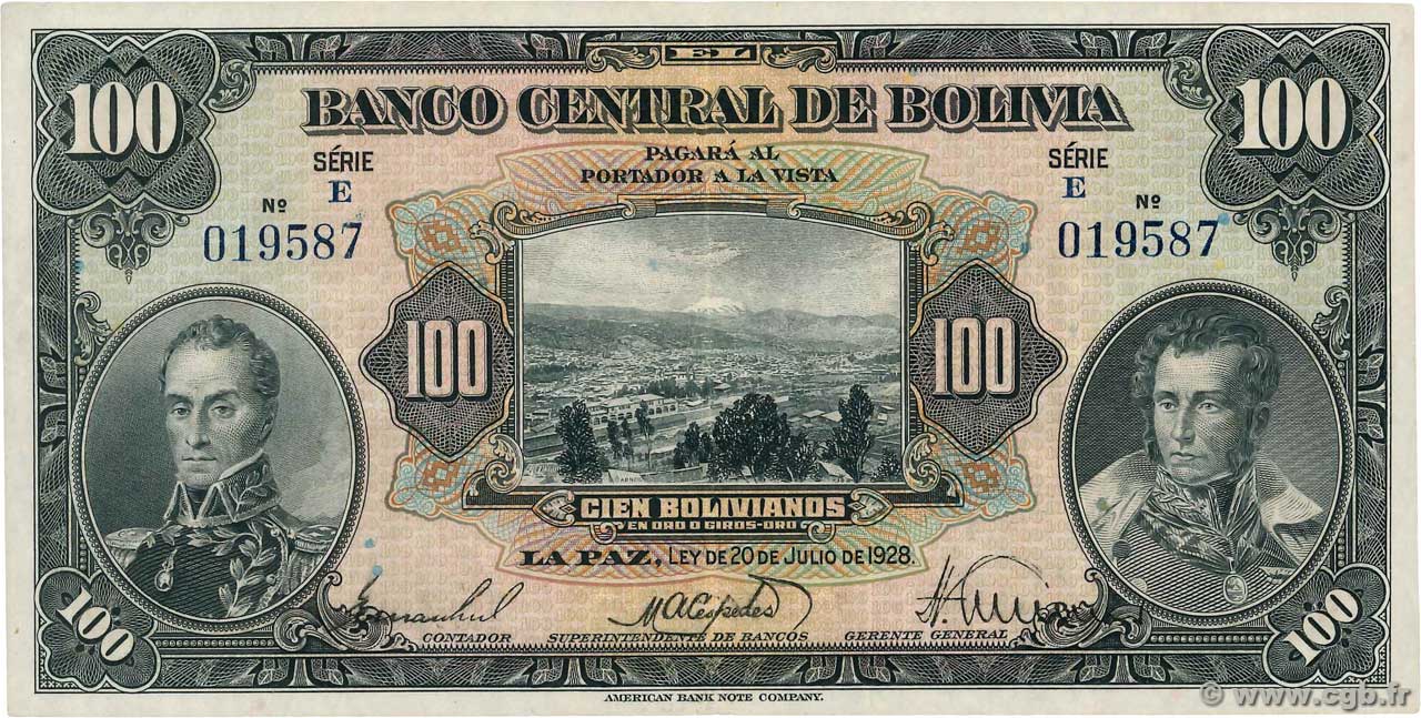 100 Bolivianos BOLIVIA  1928 P.125a XF
