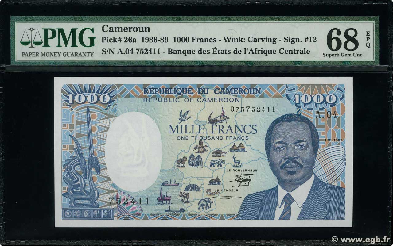 1000 Francs CAMERúN  1987 P.26a FDC