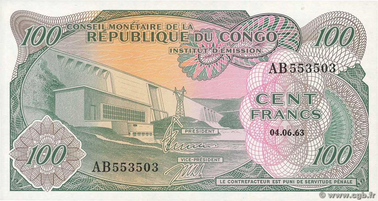 100 Francs REPúBLICA DEMOCRáTICA DEL CONGO  1963 P.001a SC+