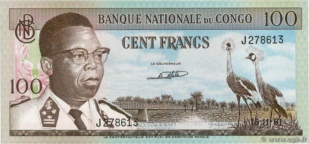 100 Francs DEMOKRATISCHE REPUBLIK KONGO  1961 P.006a fST+