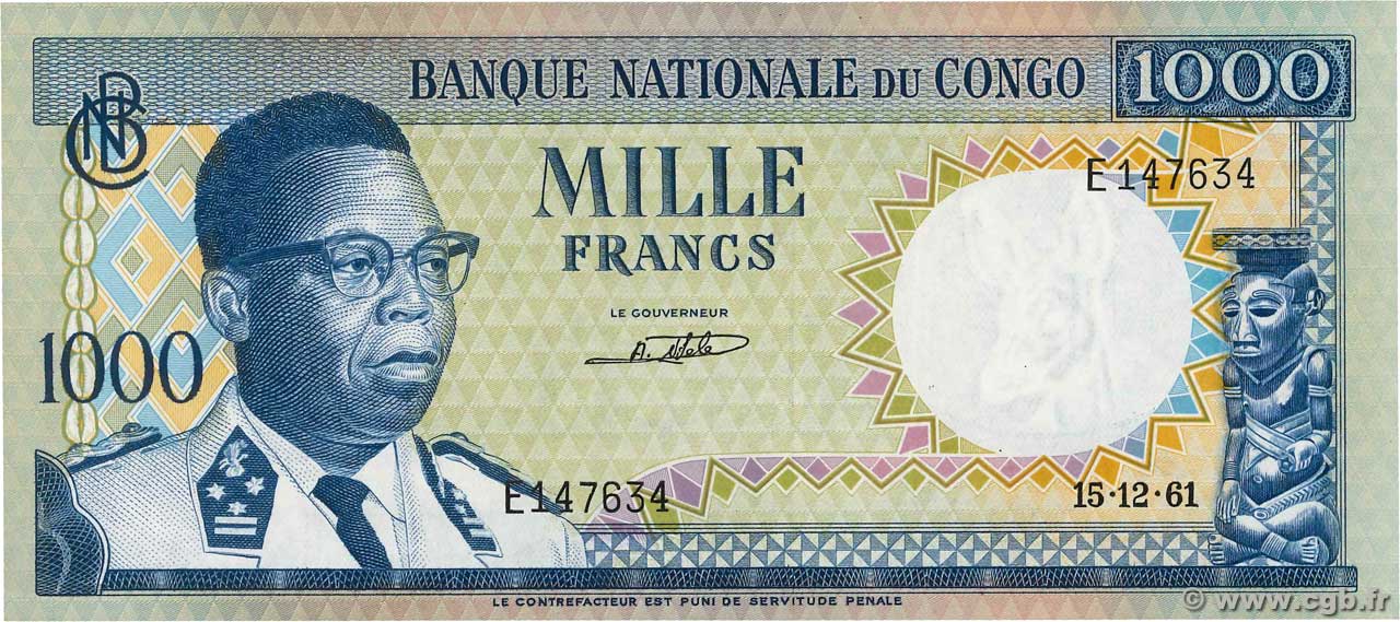 1000 Francs RÉPUBLIQUE DÉMOCRATIQUE DU CONGO  1961 P.008a SPL