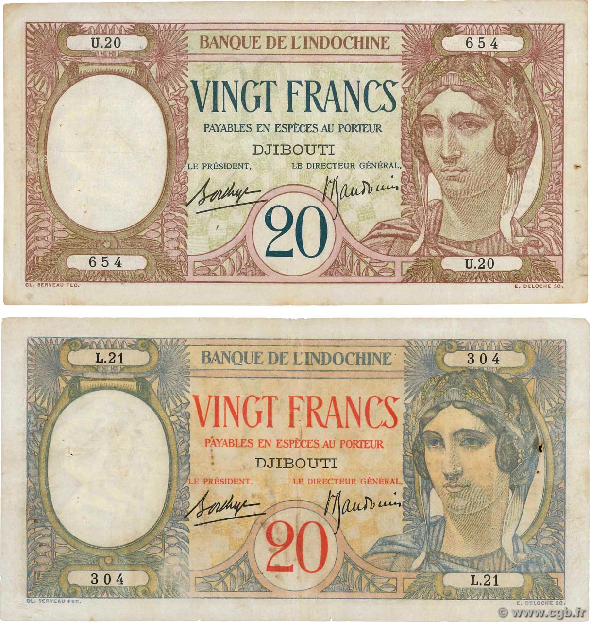 20 Francs Lot DJIBOUTI  1936 P.07b et P.07A TB