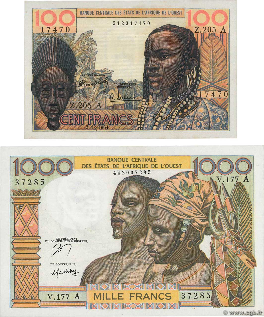 100 et 1000 Francs Lot WEST AFRIKANISCHE STAATEN  1964 P.101Ad et P.103Am fST+