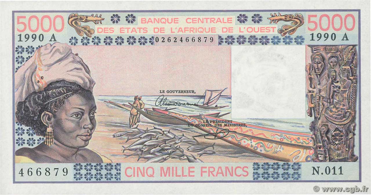 5000 Francs WEST AFRICAN STATES  1990 P.108Aq AU