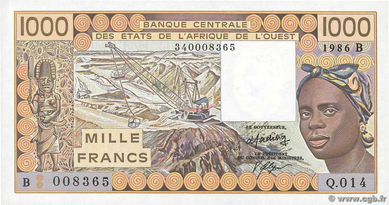 1000 Francs WEST AFRICAN STATES  1986 P.207Bf AU