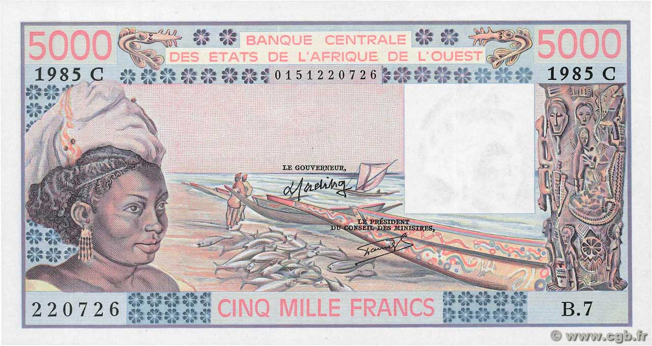 5000 Francs ESTADOS DEL OESTE AFRICANO  1985 P.308Ck FDC
