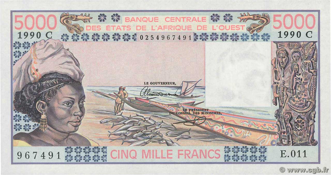 5000 Francs WEST AFRICAN STATES  1990 P.308Cn AU+