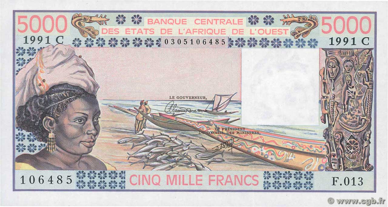 5000 Francs WEST AFRICAN STATES  1991 P.308Co UNC-