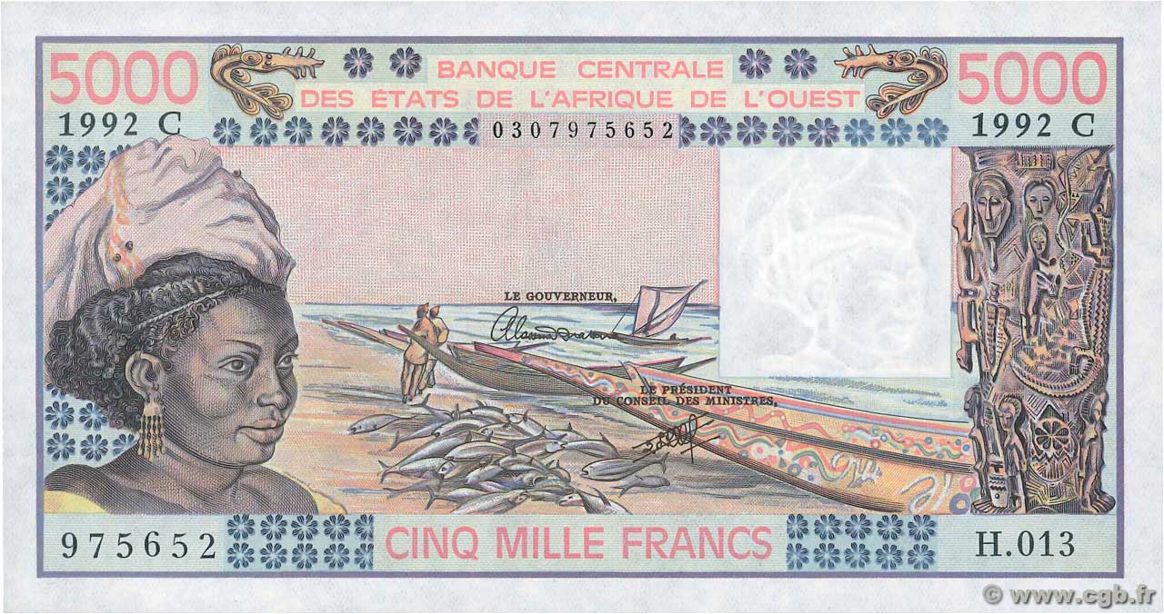 5000 Francs WEST AFRICAN STATES  1992 P.308Cp AU+
