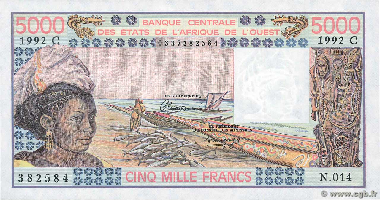 5000 Francs WEST AFRICAN STATES  1992 P.308Cq AU