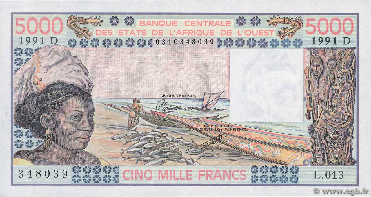 5000 Francs WEST AFRICAN STATES  1991 P.407Dj AU+