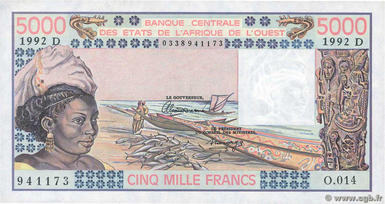 5000 Francs WEST AFRICAN STATES  1992 P.407Dk XF