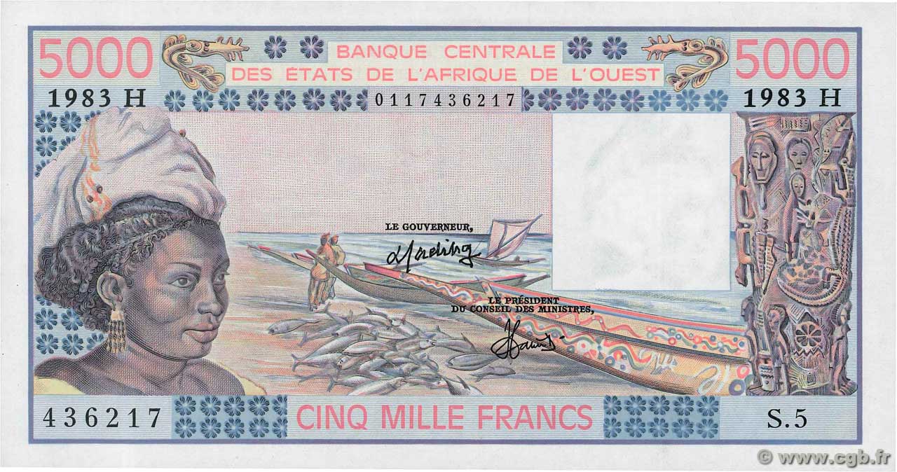 5000 Francs WEST AFRIKANISCHE STAATEN  1983 P.608Hh fST+