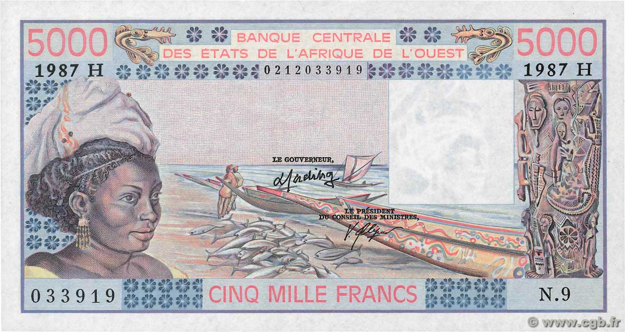 5000 Francs WEST AFRICAN STATES  1987 P.608Hl AU+