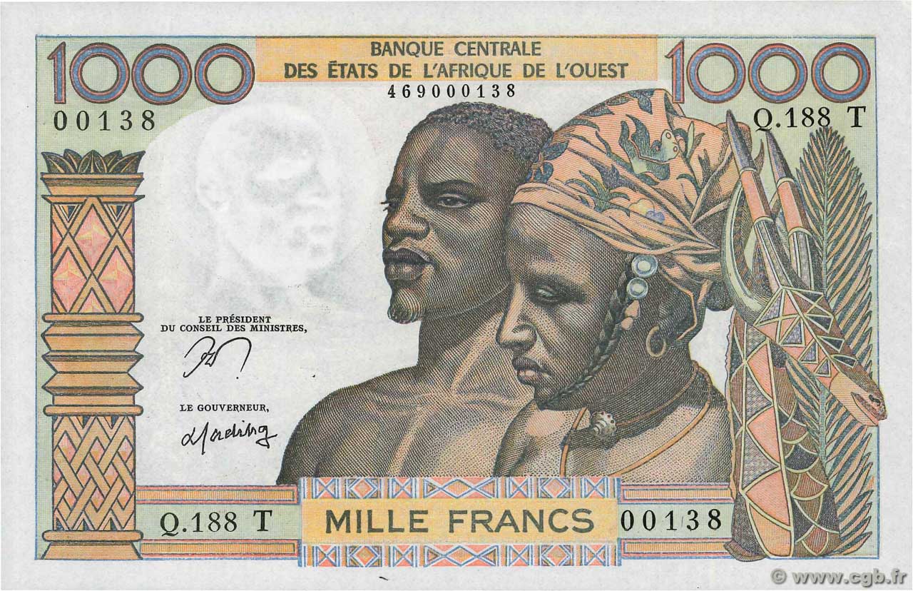 1000 Francs WEST AFRICAN STATES  1977 P.803Tn AU+