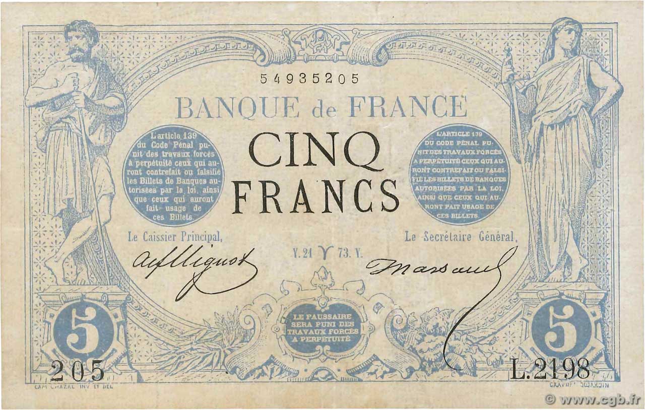 5 Francs NOIR FRANCE  1873 F.01.16 TTB