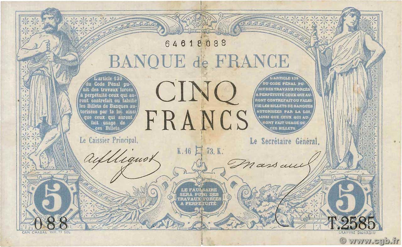 5 Francs NOIR FRANCIA  1873 F.01.18 BB