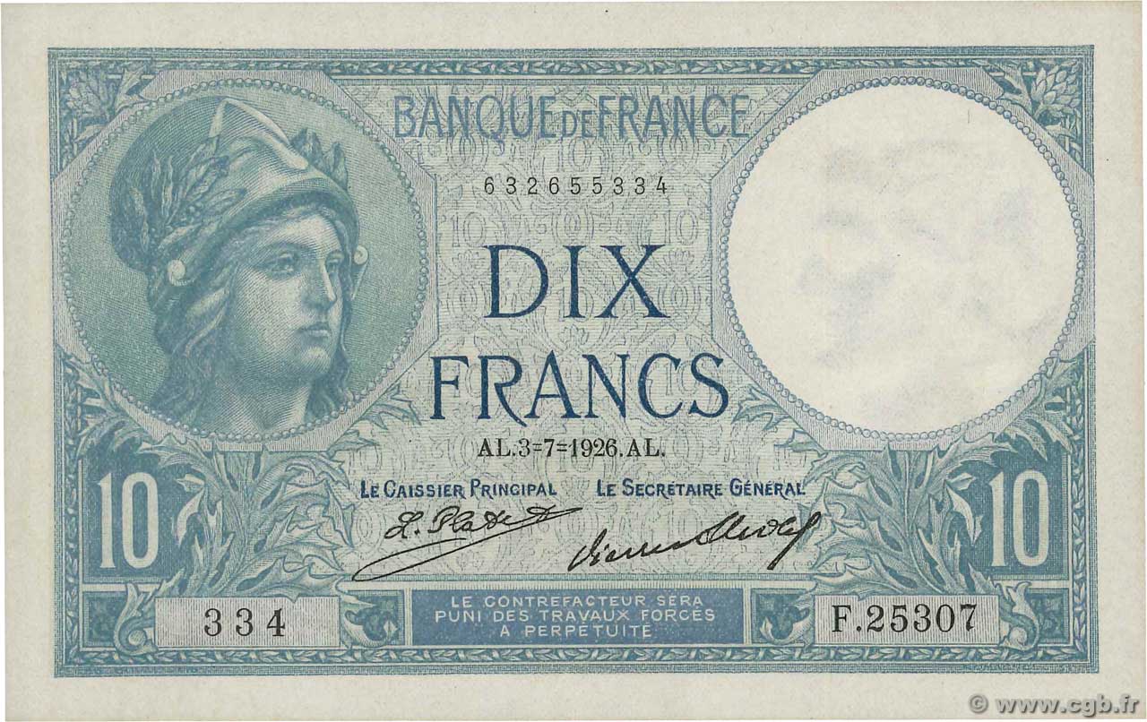 10 Francs MINERVE FRANCIA  1926 F.06.11 EBC+