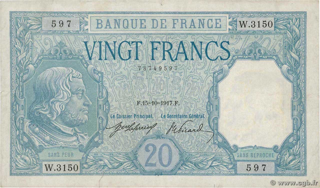 20 Francs BAYARD FRANCE  1917 F.11.02 VF-