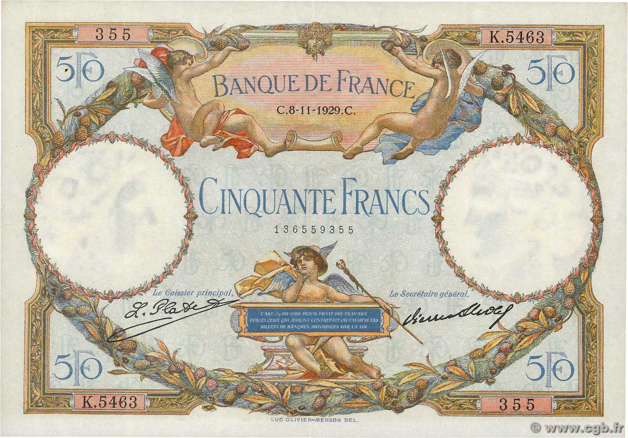 50 Francs LUC OLIVIER MERSON FRANCIA  1929 F.15.03 MBC+