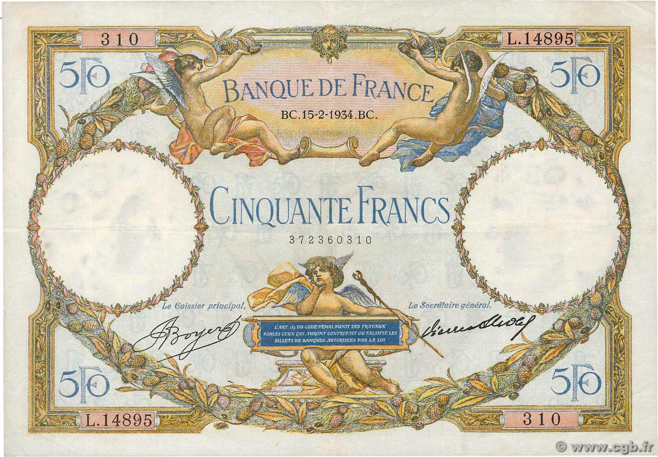 50 Francs LUC OLIVIER MERSON type modifié FRANCE  1934 F.16.05 VF-