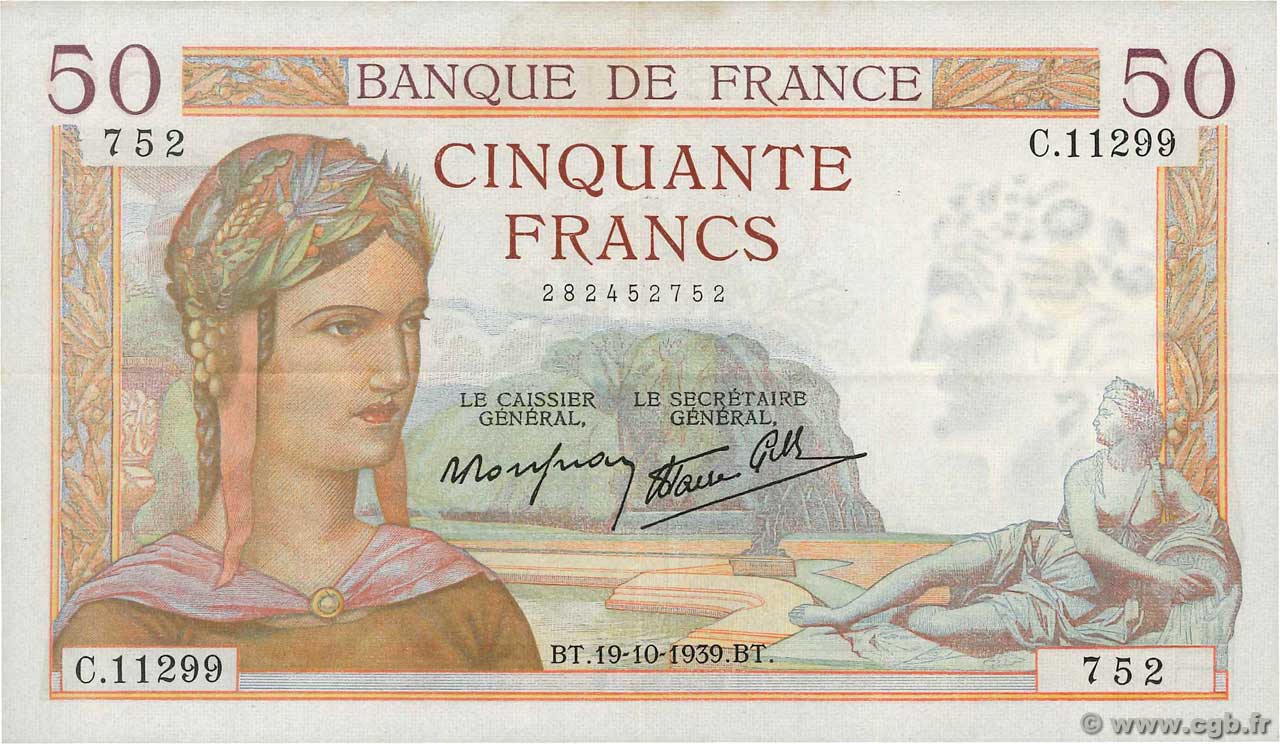 50 Francs CÉRÈS modifié FRANCE  1939 F.18.33 SUP