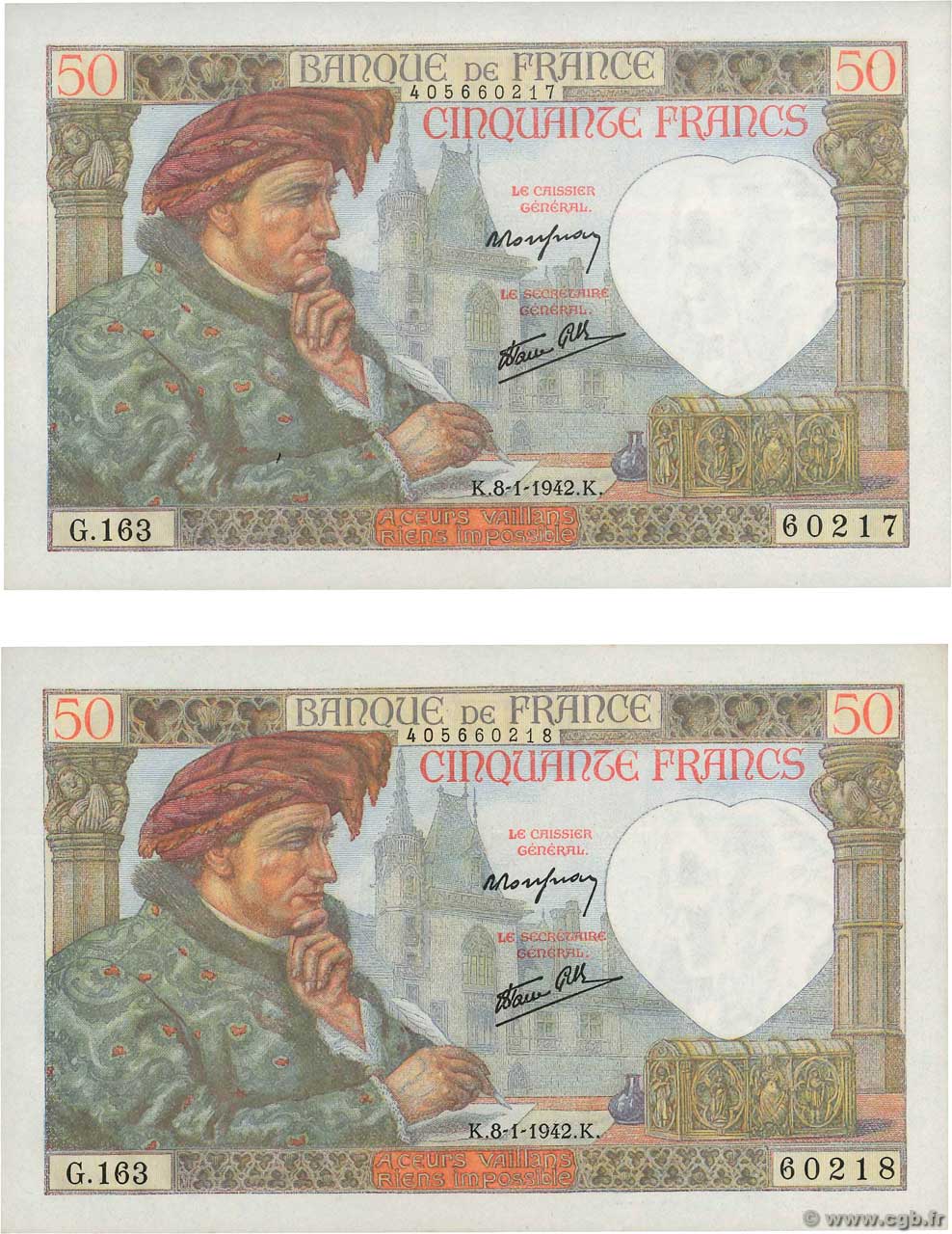 50 Francs JACQUES CŒUR Consécutifs FRANCIA  1942 F.19.18 q.FDC