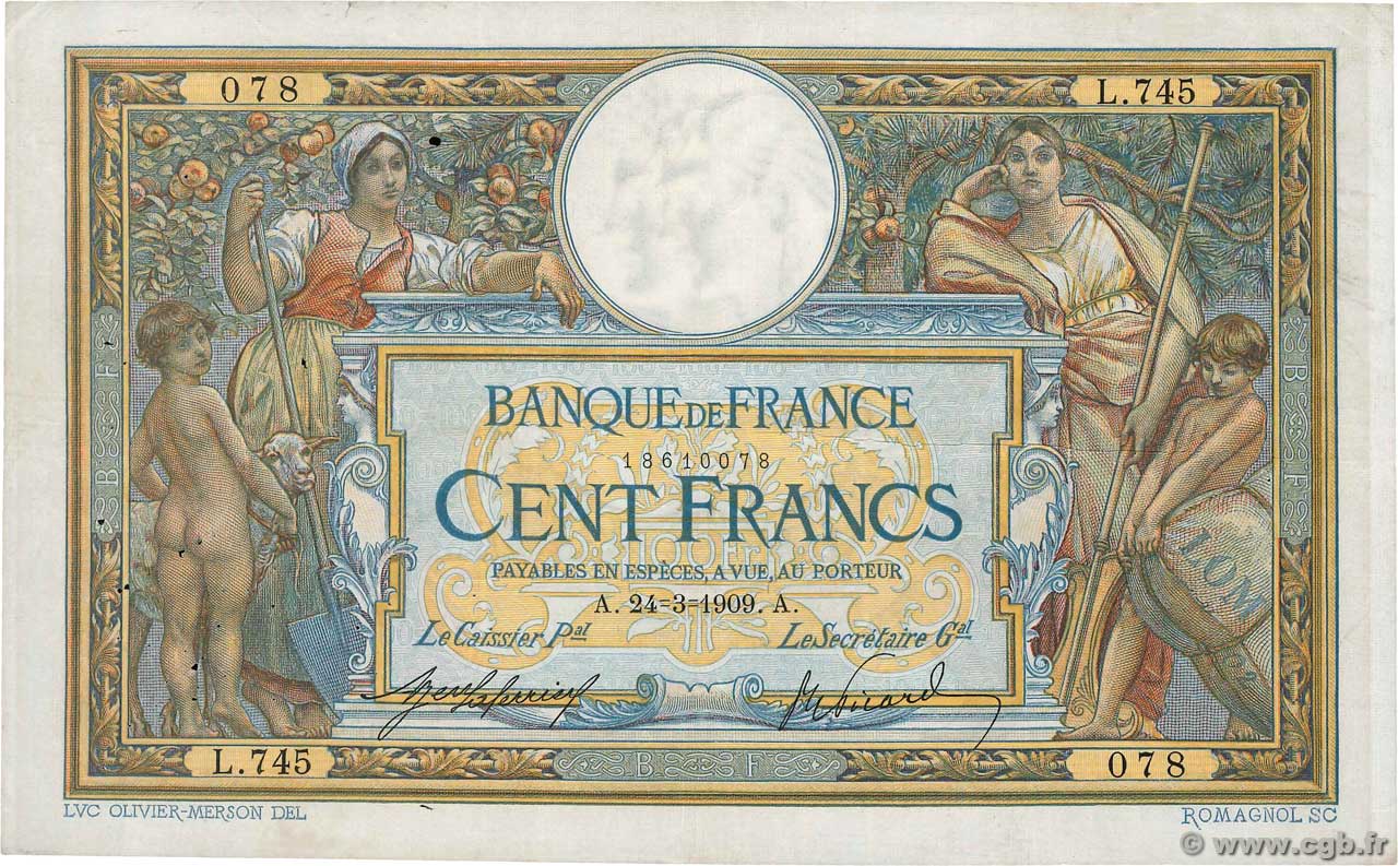 100 Francs LUC OLIVIER MERSON avec LOM FRANCE  1909 F.22.02 F-