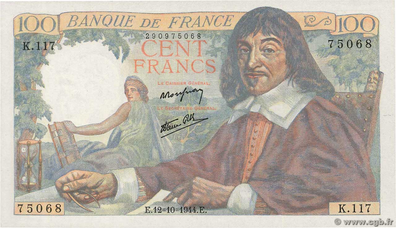 100 Francs DESCARTES FRANCIA  1944 F.27.08 AU+