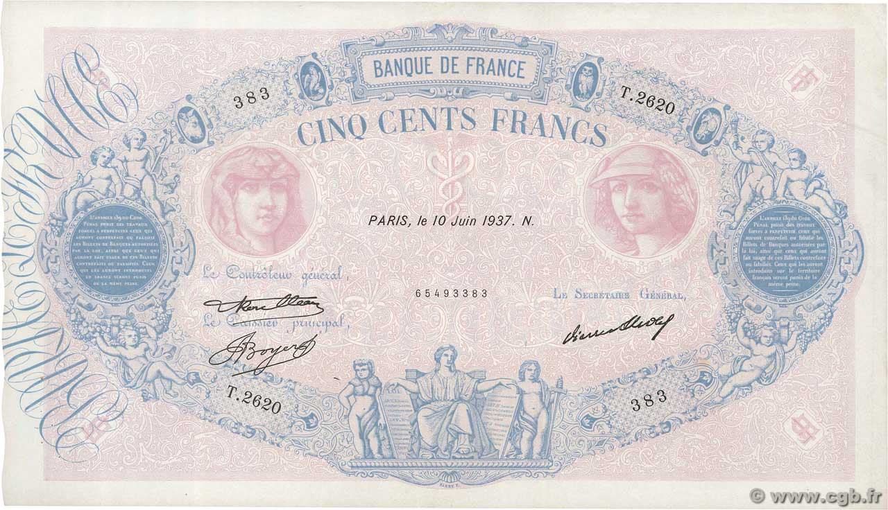 500 Francs BLEU ET ROSE FRANCE  1937 F.30.38 SUP