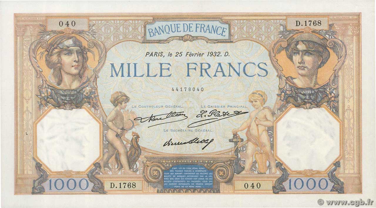 1000 Francs CÉRÈS ET MERCURE FRANCE  1932 F.37.07 VF+