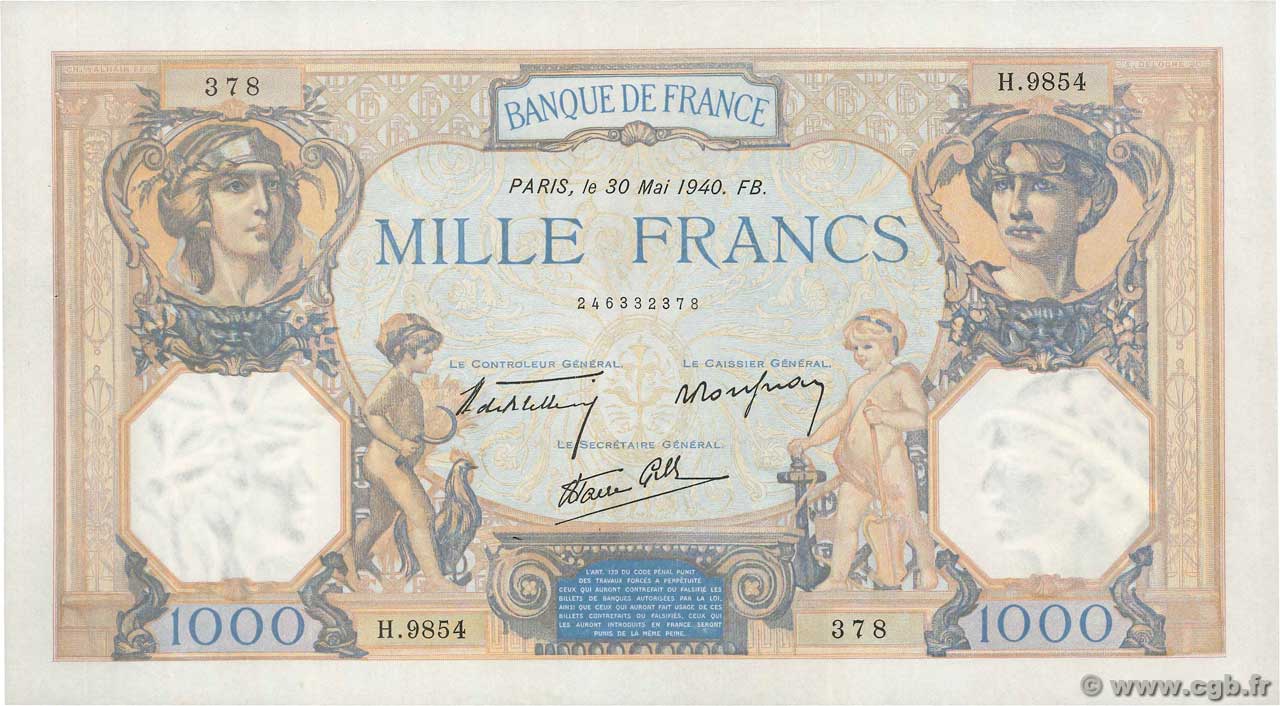 1000 Francs CÉRÈS ET MERCURE type modifié FRANCIA  1940 F.38.48 SPL