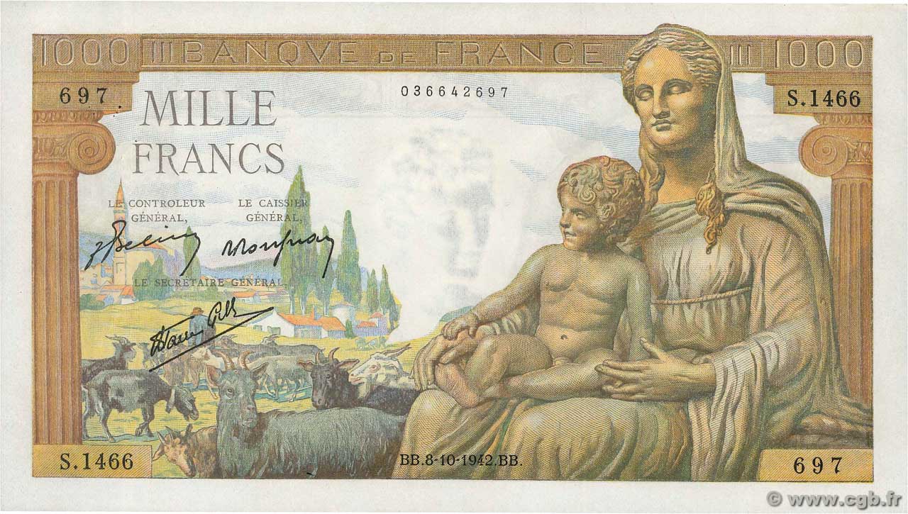 1000 Francs DÉESSE DÉMÉTER FRANKREICH  1942 F.40.08 VZ